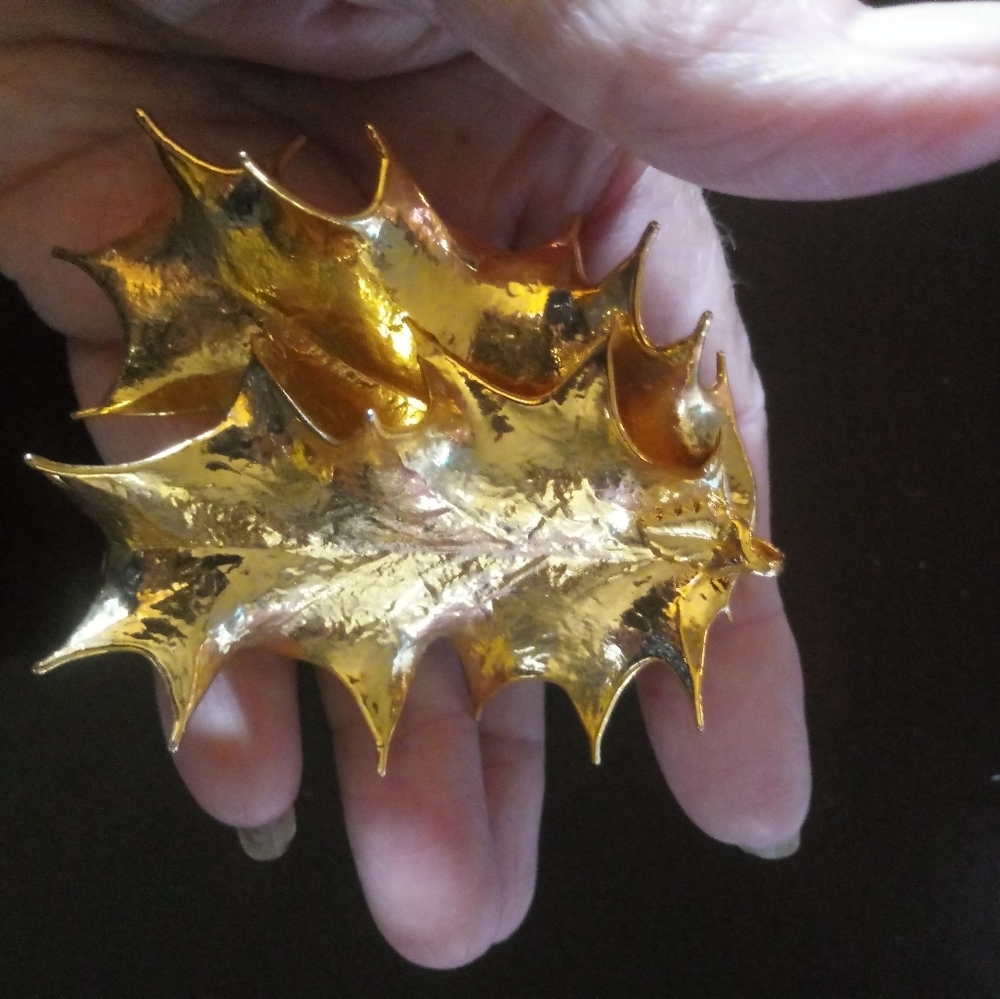 Double Fused Holly Leaves Dipped In 14k Yellow Go… - image 3